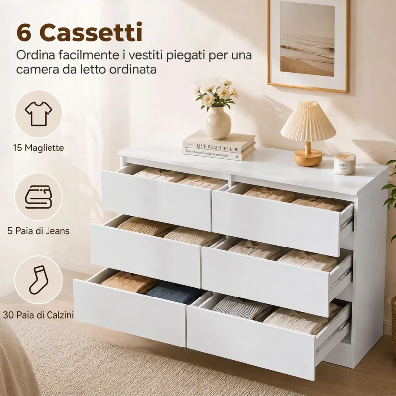 HOMCOM Cassettiera 6 Cassetti per Camera e Soggiorno, 100x35x69 cm, Bianco