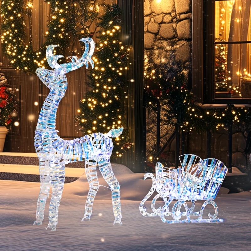 Outsunny Renne et traîneau lumineux de Noël avec 170 LED blanc chaud, décoration de Noël pour intérieur et extérieur, 60x29x115cm