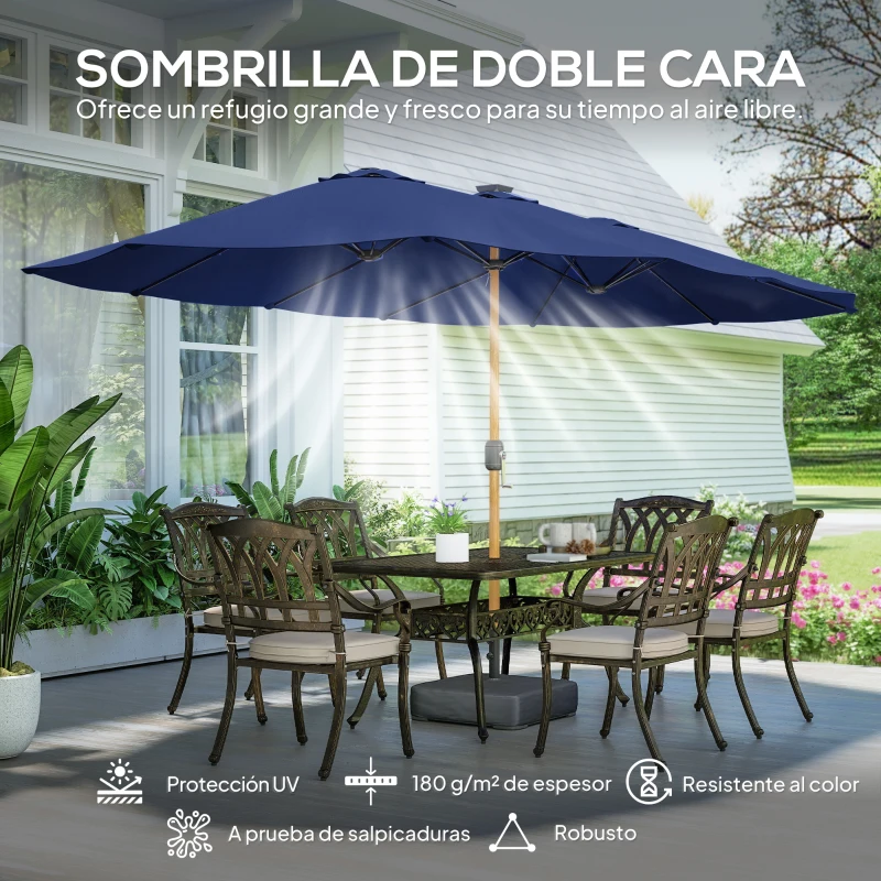 Outsunny Sombrilla Doble de Jardín 4,7x2,8 m con Base Incluida Manivela Sacos de Arena Protección UV Impermeable Azul Oscuro