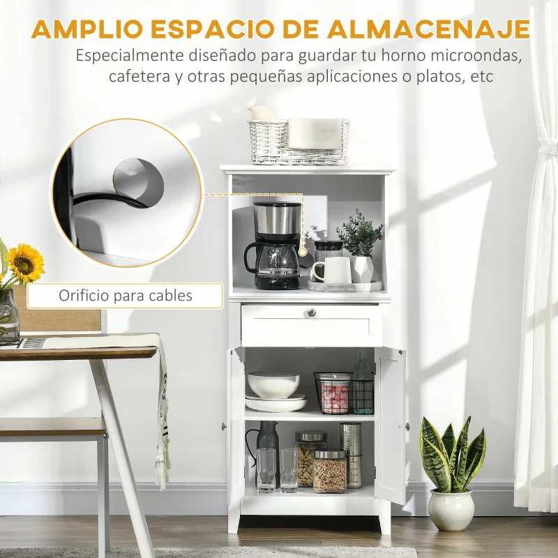 HOMCOM Mueble para Microondas Aparador de Cocina con Cajón Estante 2 Puertas Compartimento Anti-vuelco 60x40x122,5 cm Blanco