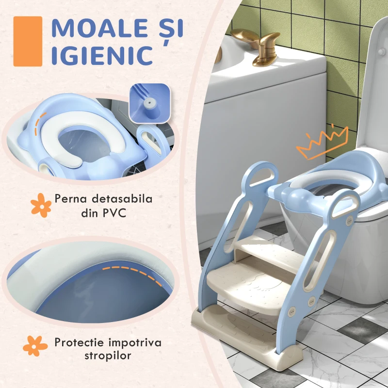 ZONEKIZ Reductor WC cu Scară Pliabilă, Mânere Laterale și Pernă Detașabilă, 67.9x42.8x51.5 cm, Albastru