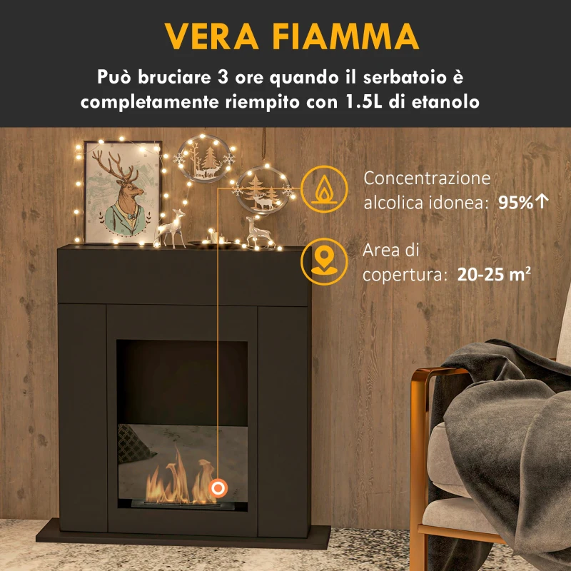 HOMCOM Camino Bioetanolo da Terra con Bruciatore da 0.9L Durata 3 Ore, Area Riscaldata 20-25 m², 73x20x75cm, Nero