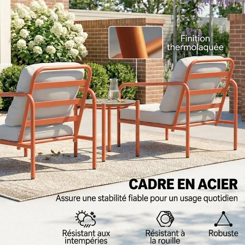 Outsunny Salon de Jardin 3 Pièces, 2 Fauteuils, 1 Table Basse, Coussins Épais, Plateau en Verre Trempé, 63x77x76cm, Rouge Vineux