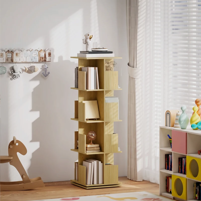 HOMCOM Bibliotecă rotativă cu 4 niveluri, etajeră de depozitare cu 16 compartimente, 39 x 39 x 128,3 cm, stejar