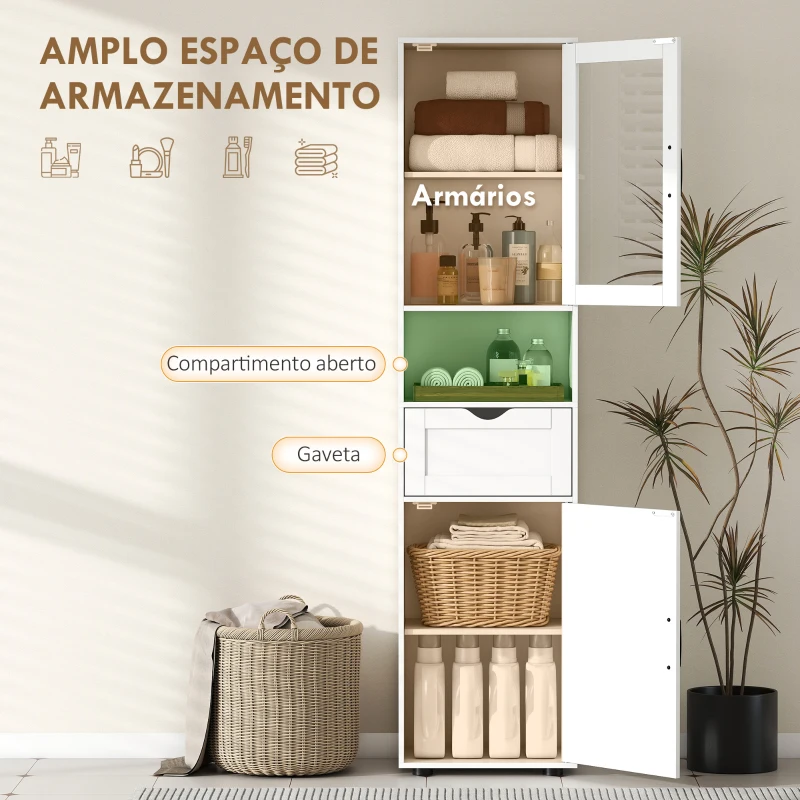 HOMCOM Coluna Casa de Banho com Porta de Vidro Prateleiras Ajustáveis Gaveta e Prateleira Aberta  40x30x165 cm Branco