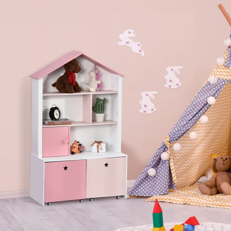 HOMCOM Bibliothèque étagère Design Maison 4 niches Placard Grand tiroir Double Compartiment MDF Blanc Rose
