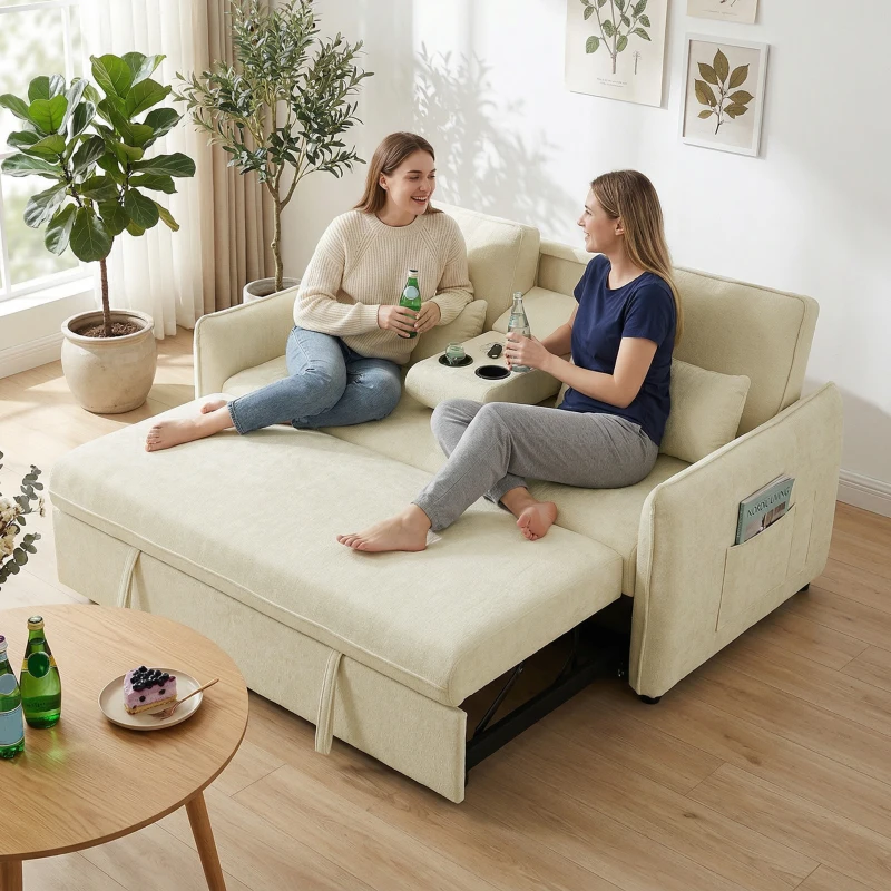 HOMCOM 3-in-1 Verstellbares Schlafsofa, Zweisitzer mit Getränkehaltern, verstellbarer Rückenlehne und Seitentaschen, Beige