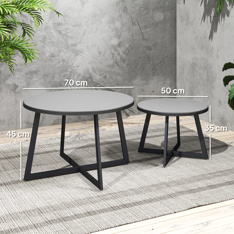 Outsunny 2er Set Beistelltisch Stapelbar Gartentisch Rund wetterfest Balkontisch mit X-Beine Glasplatte Stahl Schwarz+Grau