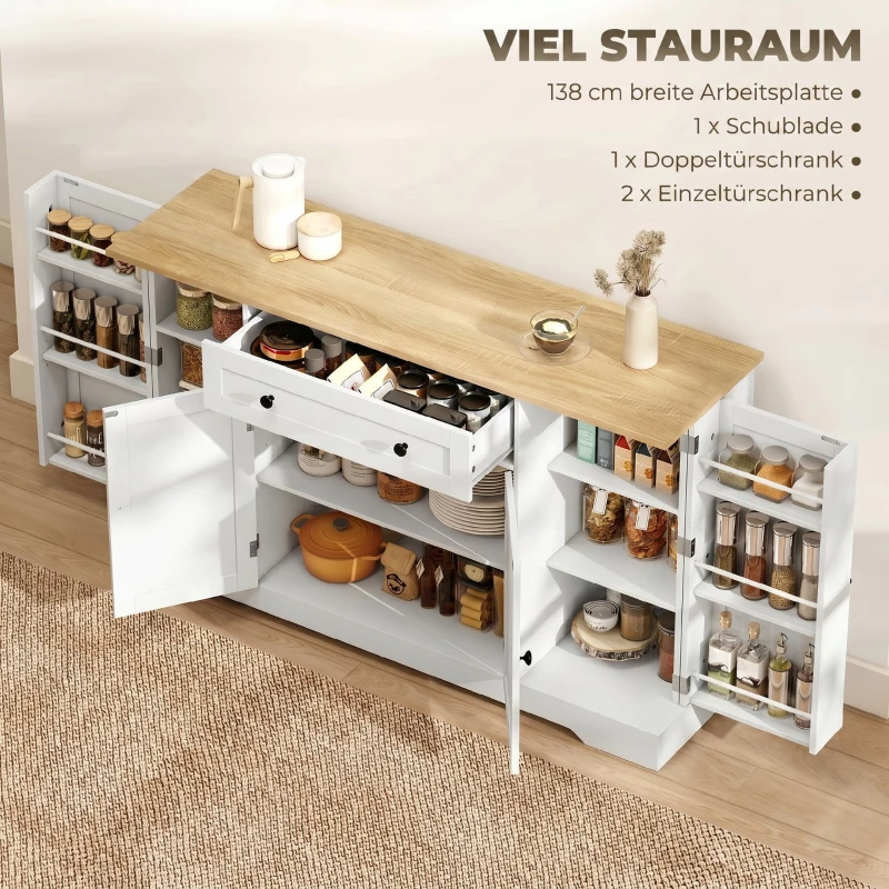 HOMCOM Sideboard Küchenschrank mit 4 Türen, Schublade, Verstellbaren Regal, Türregalen für Küche, Esszimmer, 138x40x85cm, Weiß