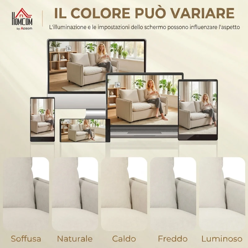 HOMCOM Divano 2 Posti Imbottito in Tessuto Effetto Pelle Traspirante, Imbottitura Spessa, 2 Cuscini, Braccioli, per Soggiorno, Crema