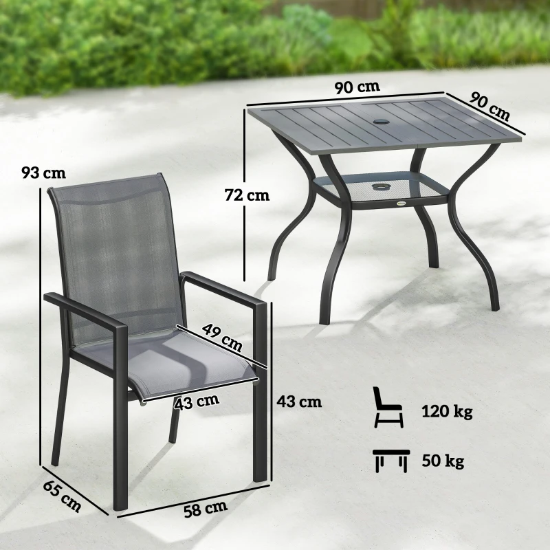 Outsunny Set da Giardino 5 pz in Acciaio con 4 Sedie Impilabili e Tavolo con Foro Centrale e Ripiano Inferiore, Grigio