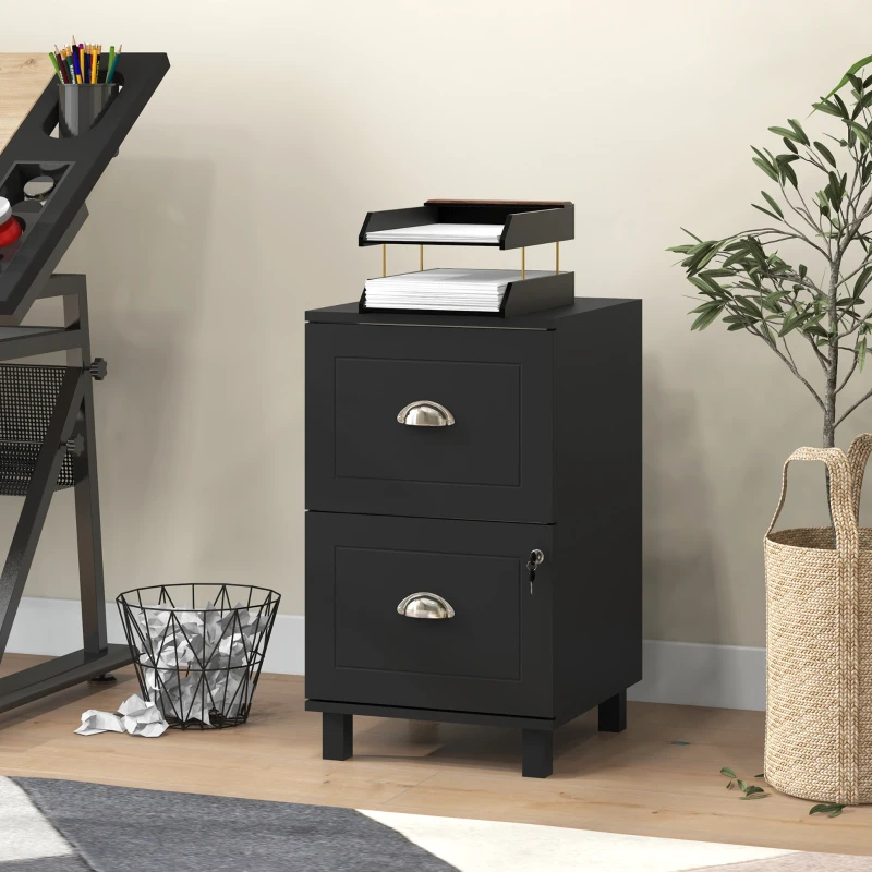 HOMCOM Archivador con Cerradura y 2 Cajones Barras Ajustables para Carpetas A4 y Carta Diseño Compacto 40x41,5x67,5 cm Negro