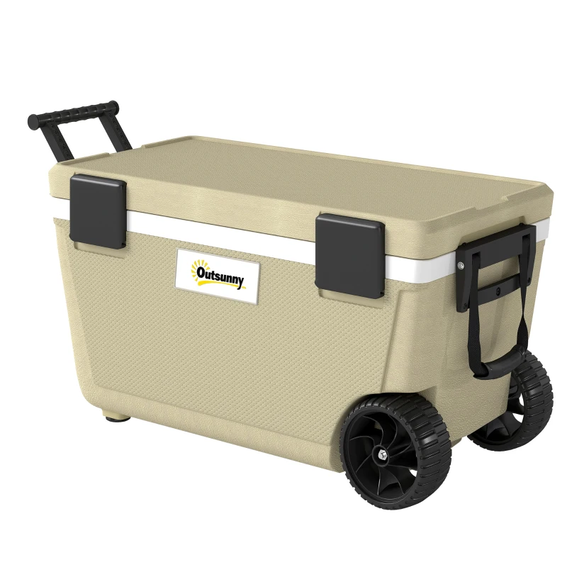Outsunny 70L Insulated Cool Box with Wheels, Portable Ice Cooler with Handle, Lid and Drain Valve, Khaki