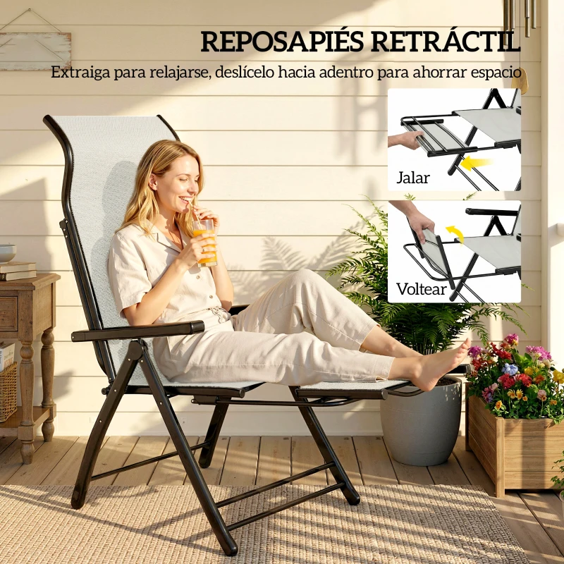 Outsunny Pack de 2 Sillas Plegables Reclinables de Jardín Exterior con Respaldo Alto Ajustable en 5 Posiciones Reposapiés Gris