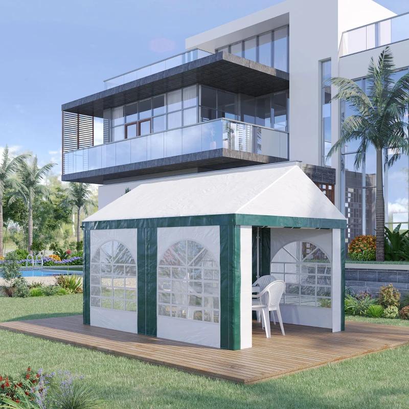 Outsunny Tendone da Giardino 4x3m per 12 Persone con Doppio Ingresso, Bianco e Verde