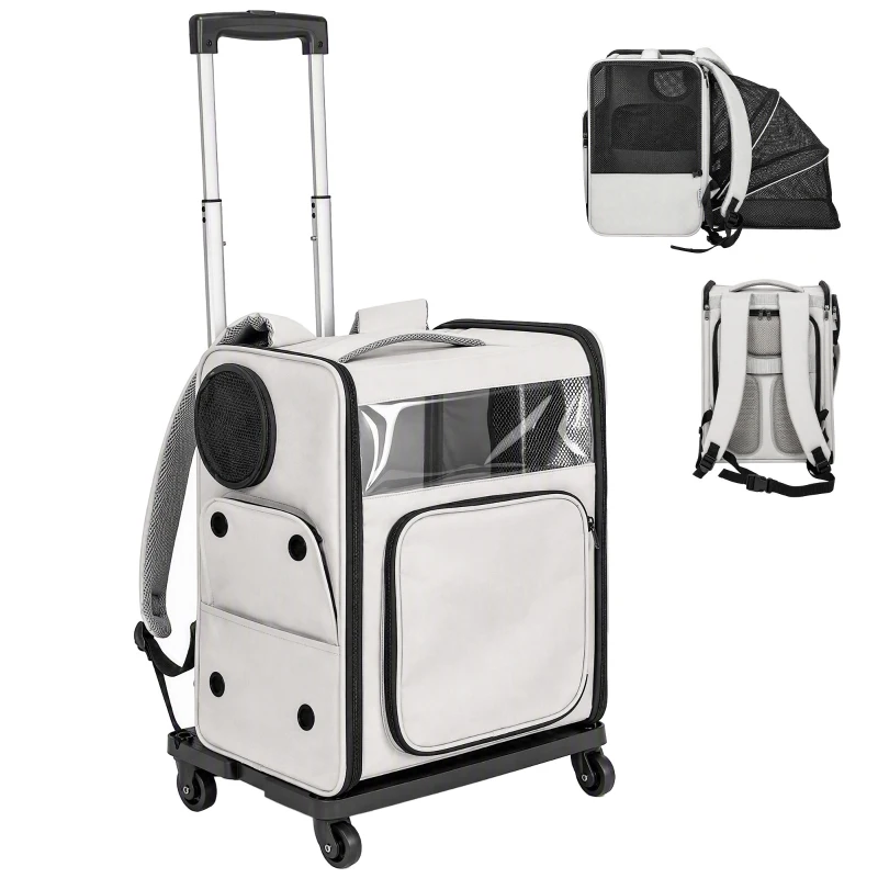PawHut Transportadora para Cães e Gatos com Rodas Cabo Telescópico 2 Janelas em Malha para Animais até 5 kg Cinza