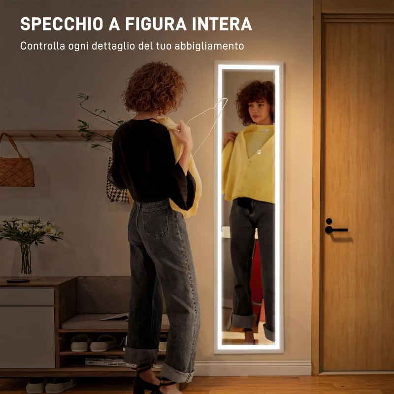 HOMCOM Specchio Illuminato con Luci LED Regolabili e Pulsante Touch, in Vetro e MDF, 40x5x160 cm, Bianco