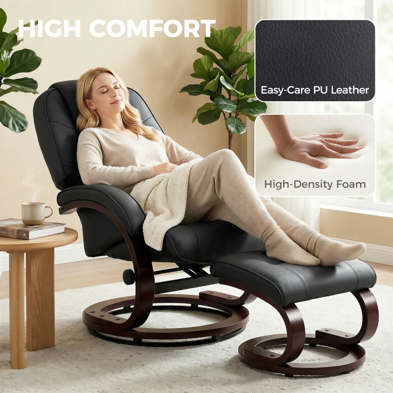 HOMCOM Swivel Recliner Chair with Footstool, PU Leather Recliner Armchair with Adjustable Back and Wood Frame, Black