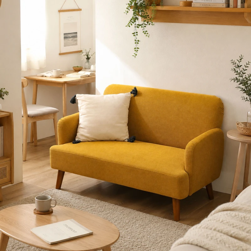HOMCOM Velvet Feel Fabric 2 Seater Sofa, Small Sofa Loveseat with 21cm Thick Padding and Wood Legs, Yellow