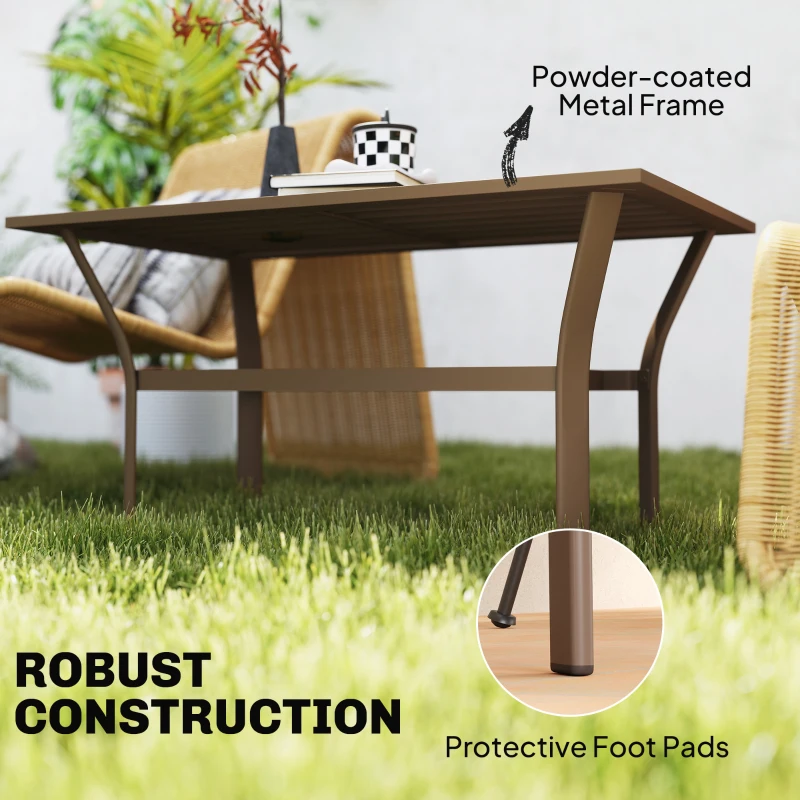 Outsunny Metal Garden Coffee Table, Rectangular Outdoor Side Table with Slatted Tabletop, Foot Pads for Outside, Garden, Balcony, Porch, 91.5 x 55 x 45cm, Brown