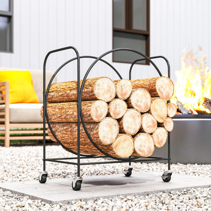 Outsunny Leñero Exterior Metálico de Chimenea Soporte para Leña con Ruedas para Interior y Exterior 51x30x60 cm Negro