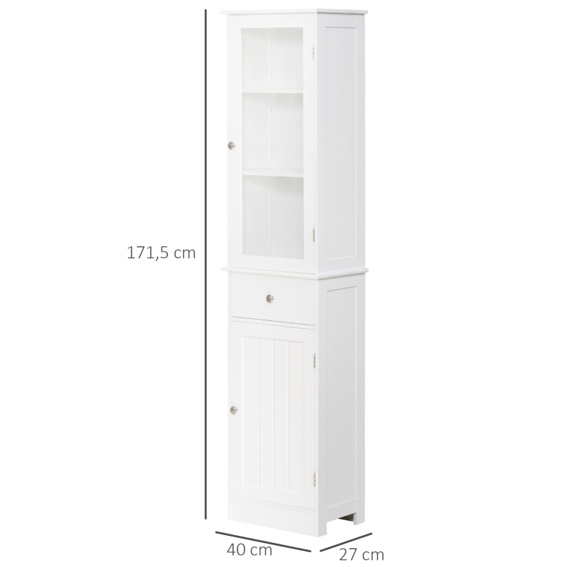 kleankin Mobile Colonna Bagno Salvaspazio con Armadietto, Cassetto e Ripiani in MDF, 40x27x171.5cm, Bianco