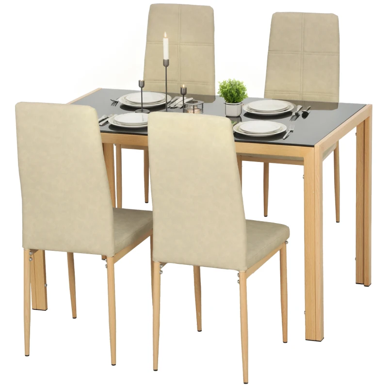 HOMCOM Ensemble Table à Manger avec 4 Chaises en Cuir Synthétique, Plateau Rectangulaire en Verre Trempé, 120x70x75cm, Naturel