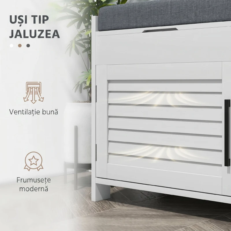 HOMCOM Bancă pentru pantofi cu raft interior reglabil pe 3 niveluri, din MDF și material textil cu aspect de in, 90x36x50 cm, alb și gri