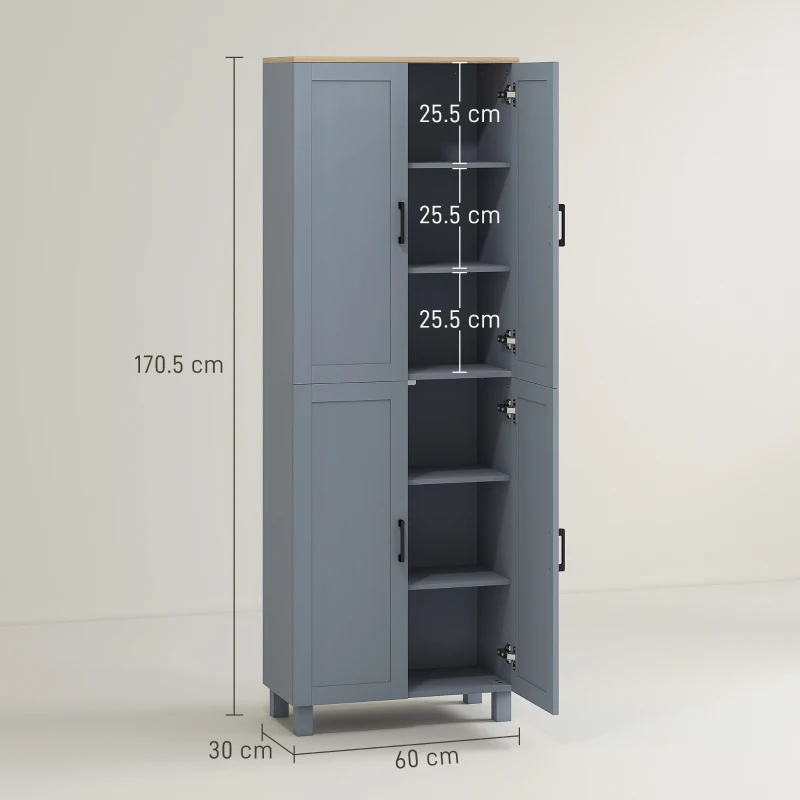 HOMCOM Freestanding Kitchen Cupboard, 4-Door Storage Cabinet with Adjustable Shelves, Modern Kitchen Pantry, 170cm, Grey