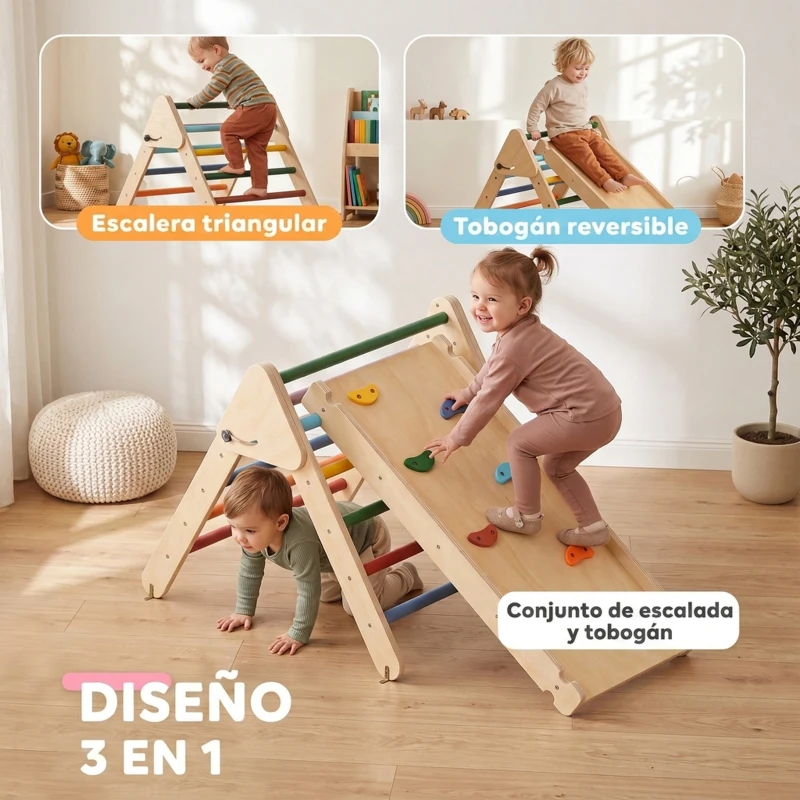 AIYAPLAY Triángulo de Escalada de Madera 3 en 1 con Rampa para Deslizarse o Escalar 147x64,5x63 cm Multicolor