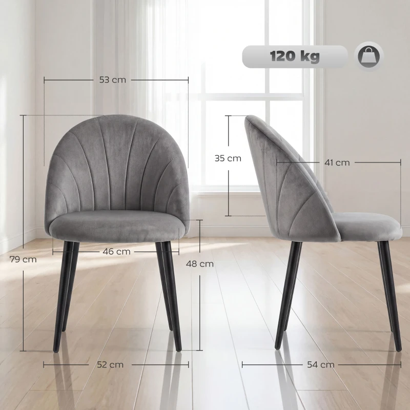 HOMCOM Set da 2 Sedie da Pranzo in Velluto Imbottite con Schienale a Conchiglia e Gambe in Metallo, Grigio