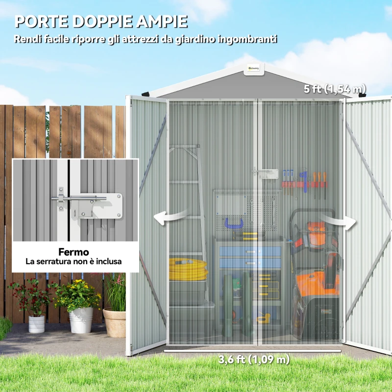 Outsunny Casetta da Giardino in Acciaio 1.1m² con Doppie Porte Bloccabili, 136x87x178 cm, Grigio Argento