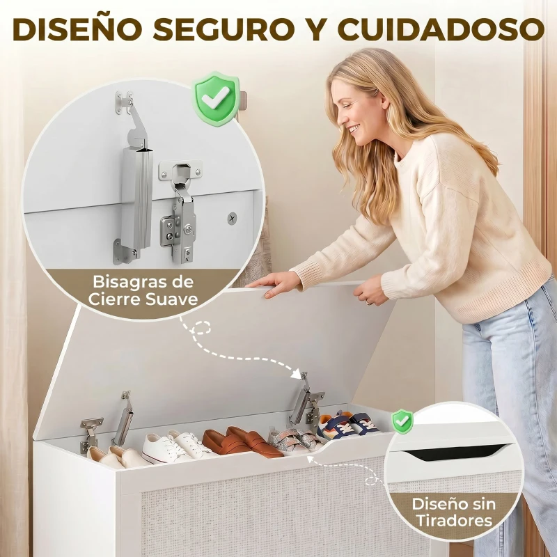 HOMCOM Baúl de Almacenaje 108L Banco de Almacenaje con Panel de Ratán Tapa Brazos de Soporte para Recibidor 80x40x45cm Blanco