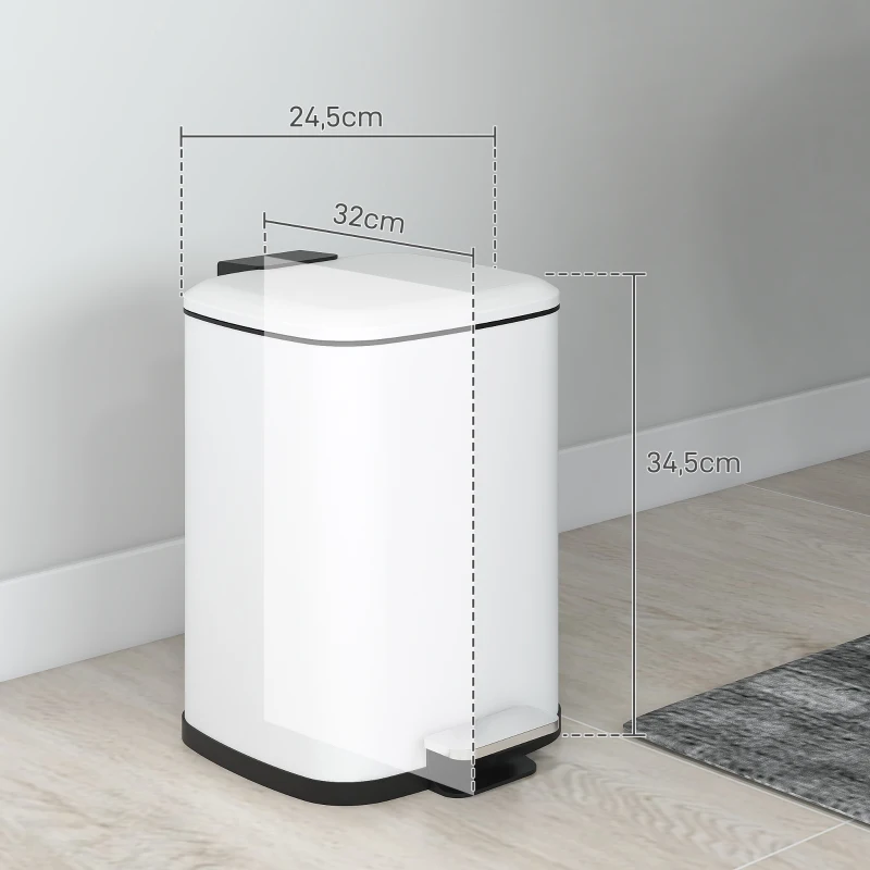 HOMCOM Bidone Immondizia da 12L a Pedale con Chiusura Silenziosa, in Metallo e PP, 24.5x32x34.5 cm, Bianco
