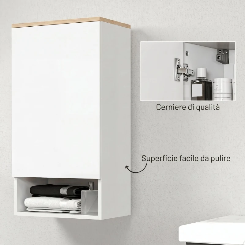 HOMCOM Pensile Bagno, Mobile Bagno Salvaspazio Sospeso con Anta, 3 Ripiani e Vano Aperto, 2 Ripiani Regolabili, Senza Maniglie, Bianco