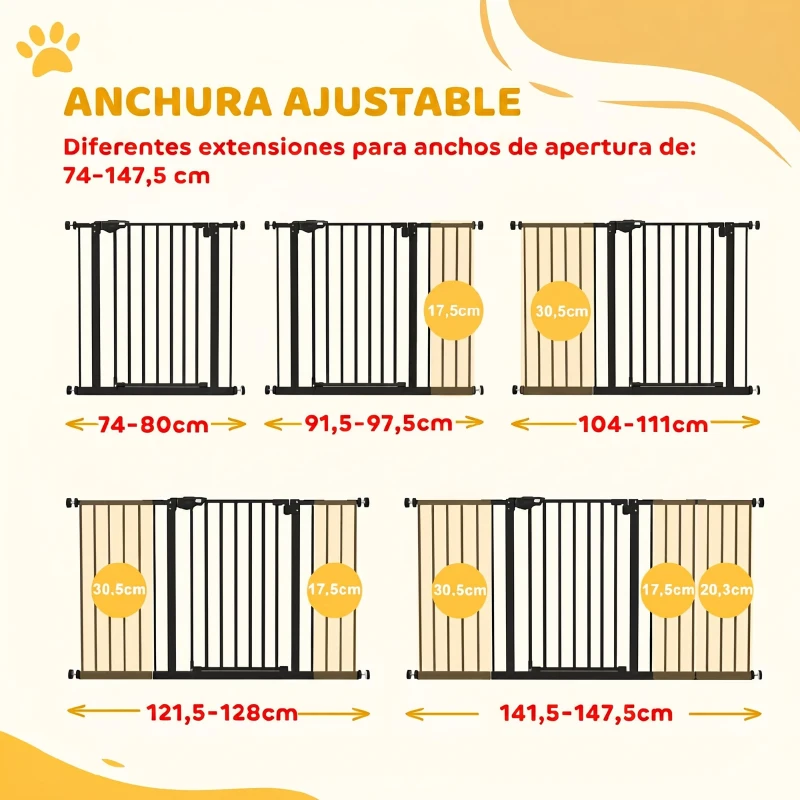 PawHut Barrera de Seguridad Extensible con Cierre Automático y Sistema de Doble Bloqueo Metal 74-147,5x76,2 cm Negro