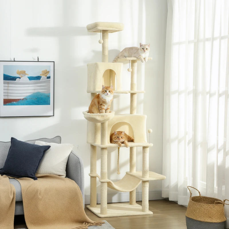 PawHut Árbol Rascador para Gatos con Plataforma Torre Escalador para Gatos con Cama Cuevas Postes de Sisal 60x48x202 cm Beige