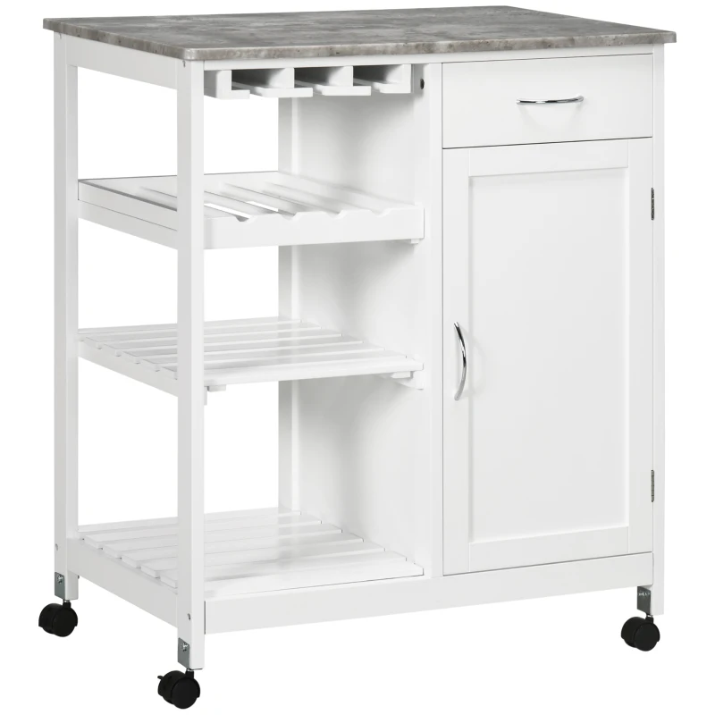 HOMCOM Carro de Cocina con Ruedas Carrito de Servicio con 1 Cajón Estantes Extraíbles y Botellero 76x48x88 cm Blanco