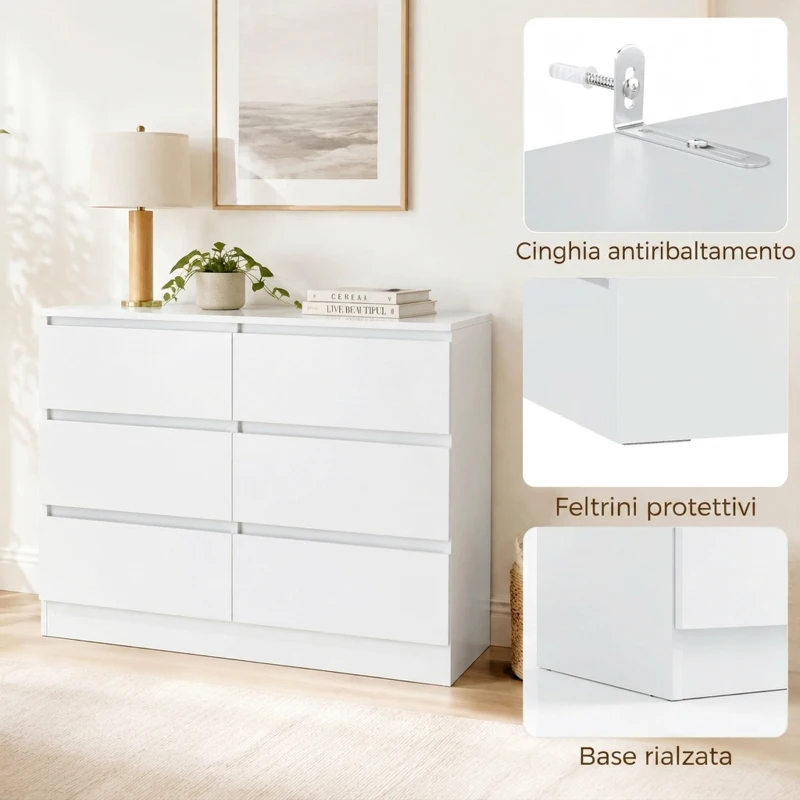 HOMCOM Cassettiera 6 Cassetti per Camera e Soggiorno, 100x35x69 cm, Bianco