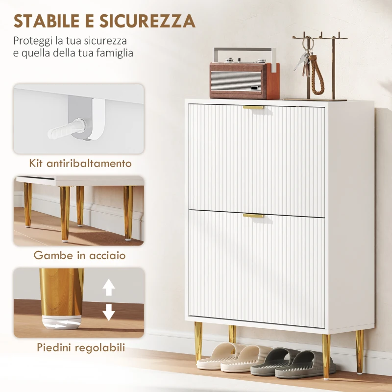 HOMCOM Scarpiera Slim per 12 Paia di Scarpe con 2 Cassetti a Ribalta e Ripiani Regolabili, 60x24x91.5 cm, Bianco