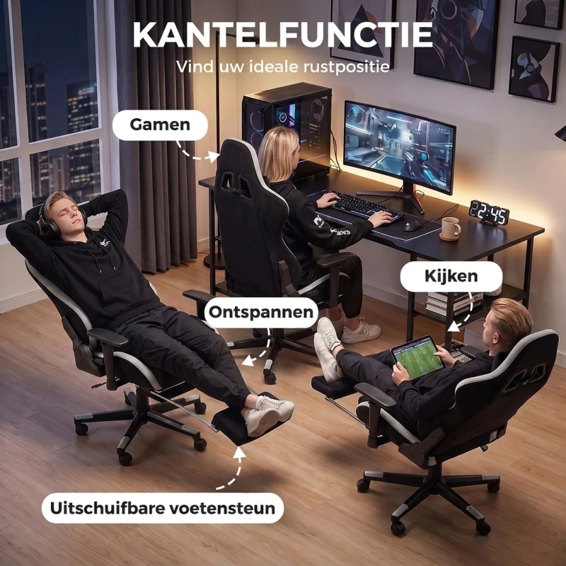 HOMCOM Gaming-stoel met massage- en verwarmd lendenkussen, ergonomisch, linnenlook, 4D-armleuningen, hoofdkussen, Zwart