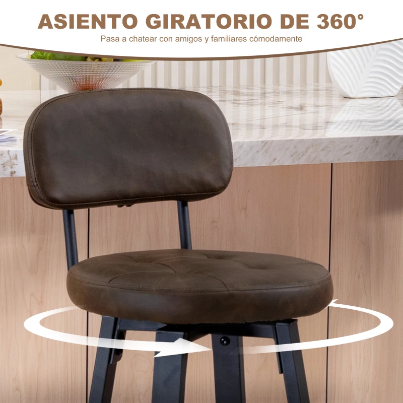 HOMCOM Juego de 2 Taburetes Altos de Cocina Giratorios Tapizados de PU con Respaldo Marco de Metal Reposapiés Marrón Oscuro