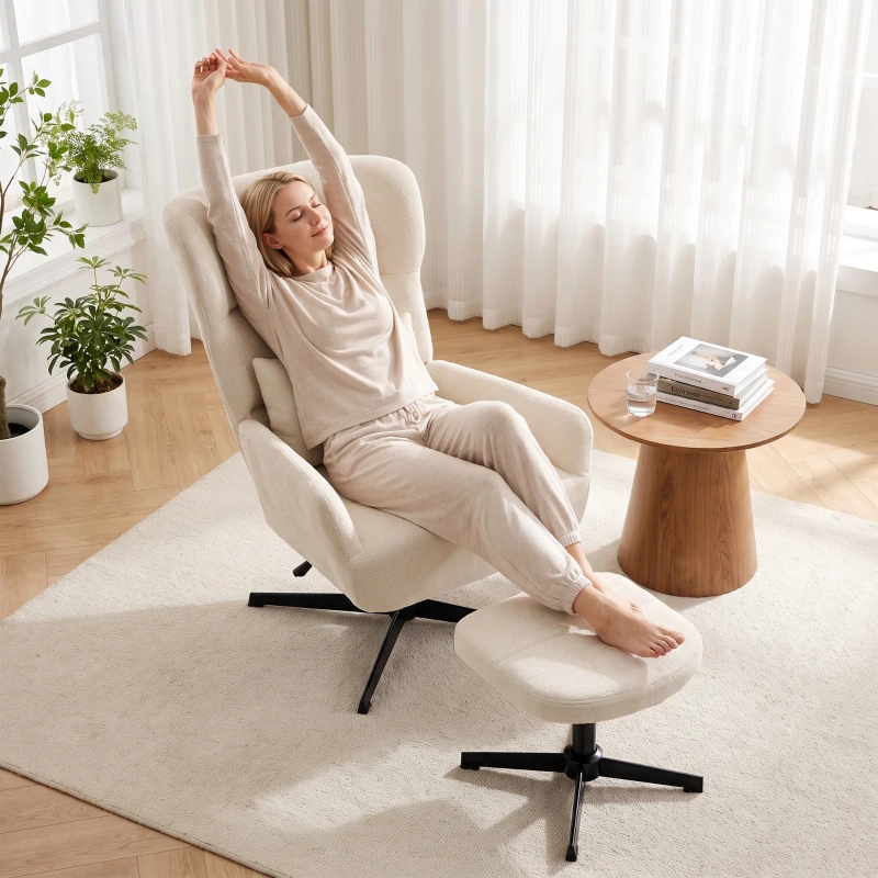 HOMCOM Fotoliu lounge rotativ 360° cu taburet, reglabil pe înălțime, tapițerie chenille, cu pernă lombară, alb-crem