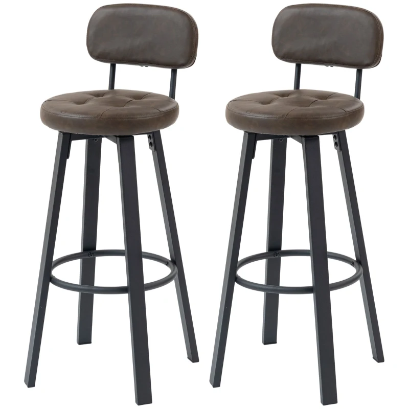 HOMCOM Juego de 2 Taburetes Altos de Cocina Giratorios Tapizados de PU con Respaldo Marco de Metal Reposapiés Marrón Oscuro