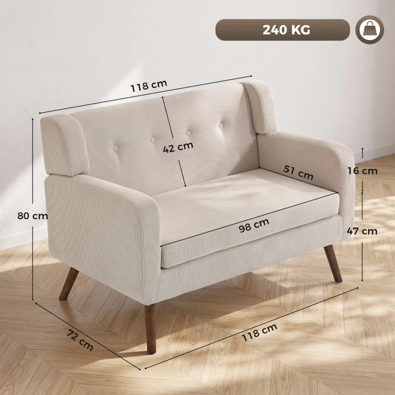 HOMCOM Canapea 2 locuri 118 cm cu aspect corduroy, capitonaj cu nasturi, canapea tapițată modernă și confortabilă cu picioare din lemn pentru spații mici