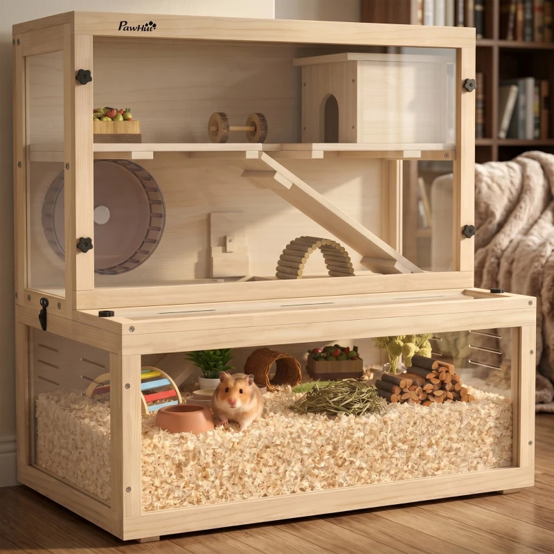 PawHut Wooden Hamster Cage with Hut, Wheel, Ramps, Removable Viewing Panels, 80 x 50 x 84 cm, Natural