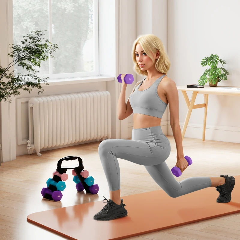 SPORTNOW Lot d'haltères hexagonaux, haltères musculation, 2 x 1 kg, 2 x 2 kg, 2 x 3 kg, avec support convertible d'haltères