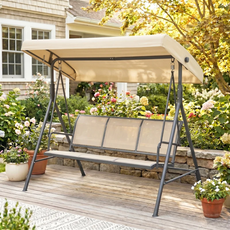 Outsunny Columpio de Jardín Exterior de 3 Plazas con Toldo Reclinable Respaldo Transpirable Marco de Acero 175x118x159 cm Beige