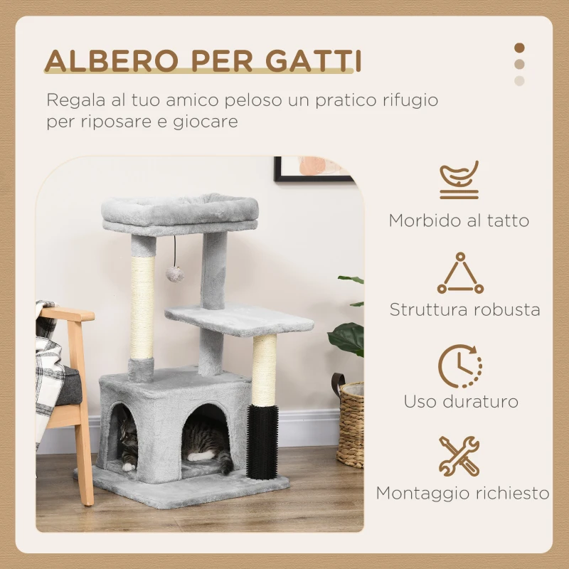 PawHut Albero Tiragraffi per Gatti Multilivello con Lettino e Casetta, Rivestimento in Peluche, Grigio