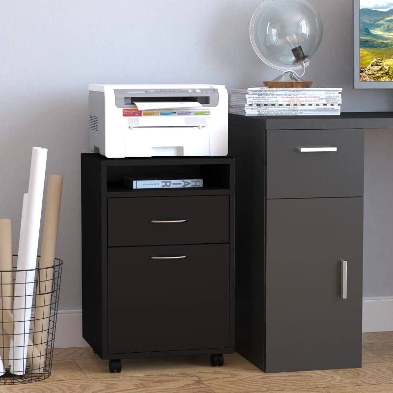 HOMCOM Caisson de bureau rangement bureau sur roulettes tiroir placard niche panneaux particules noir